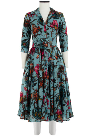 Aster Dress Shirt Collar 3/4 Sleeve Midi Length Wool (Artemis Wallpaper) - Dusty Jade