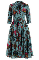 Aster Dress Shirt Collar 3/4 Sleeve Midi Length Wool (Artemis Wallpaper) - Dusty Jade