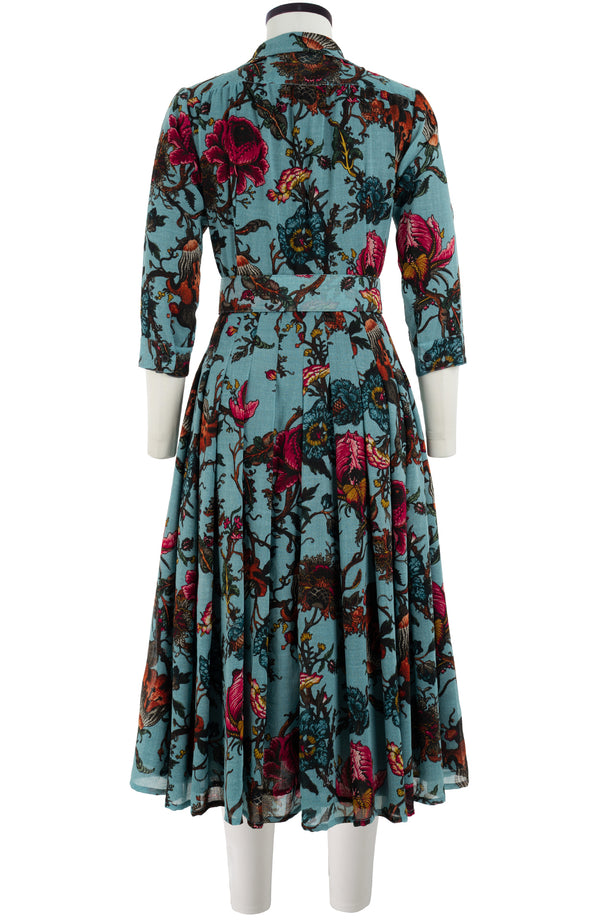Audrey Dress #4 Shirt Collar 3/4 Sleeve Midi Length Wool (Artemis Wallpaper) - Dusty Jade