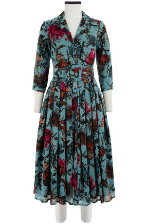 Audrey Dress #4 Shirt Collar 3/4 Sleeve Midi Length Wool (Artemis Wallpaper) - Dusty Jade