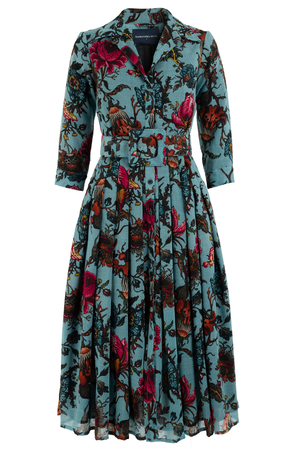 Audrey Dress #4 Shirt Collar 3/4 Sleeve Midi Length Wool (Artemis Wallpaper) - Dusty Jade