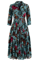 Audrey Dress #4 Shirt Collar 3/4 Sleeve Midi Length Wool (Artemis Wallpaper) - Dusty Jade