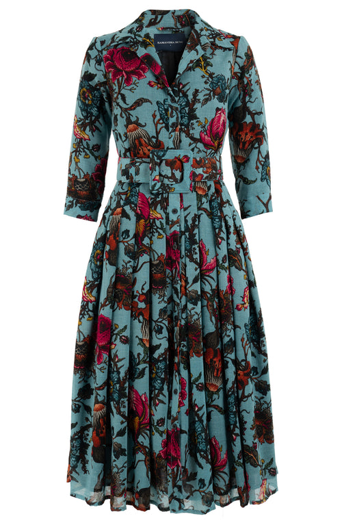 Audrey Dress #4 Shirt Collar 3/4 Sleeve Midi Length Wool (Artemis Wallpaper) - Dusty Jade