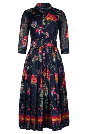 Audrey Dress #4 Shirt Collar 3/4 Sleeve Midi Length Cotton Musola (Asian Botanic)