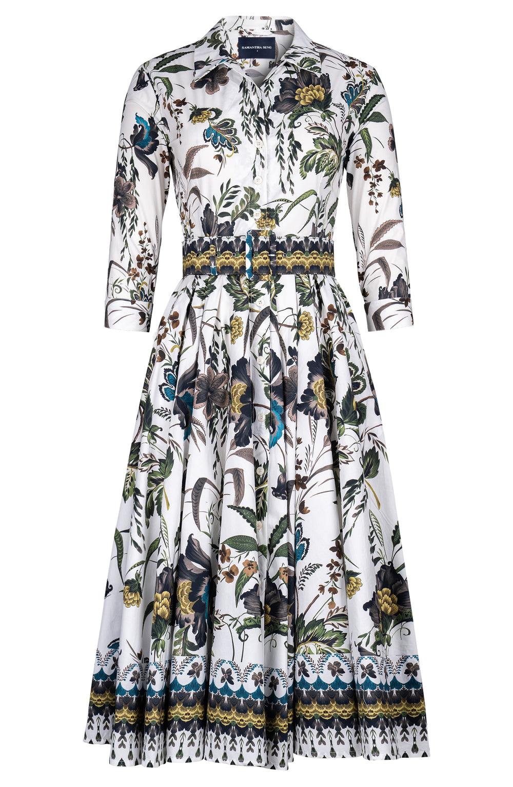 Laurent Dress Shirt Collar 3/4 Sleeve Midi Length Cotton Stretch (Asian Botanic)