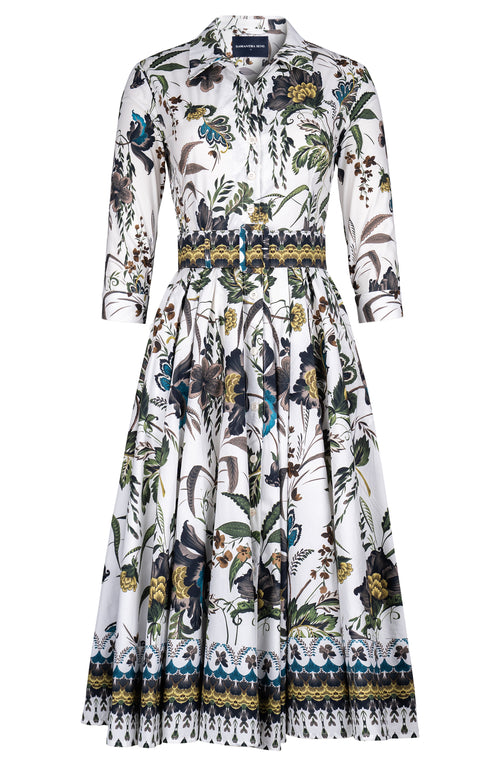 Laurent Dress Shirt Collar 3/4 Sleeve Midi Length Cotton Stretch (Asian Botanic)
