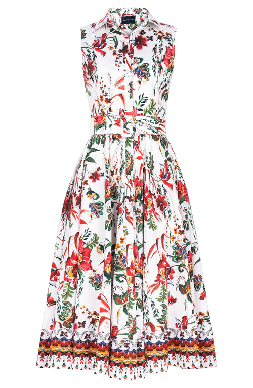 Abelia Dress Shirt Collar Sleeveless Midi Length Cotton Stretch (Asian Botanic)