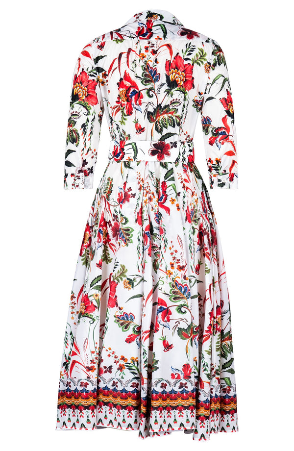 Aster Dress Shirt Collar 3/4 Sleeve Midi Length Silk Taffta (Asian Botanic)