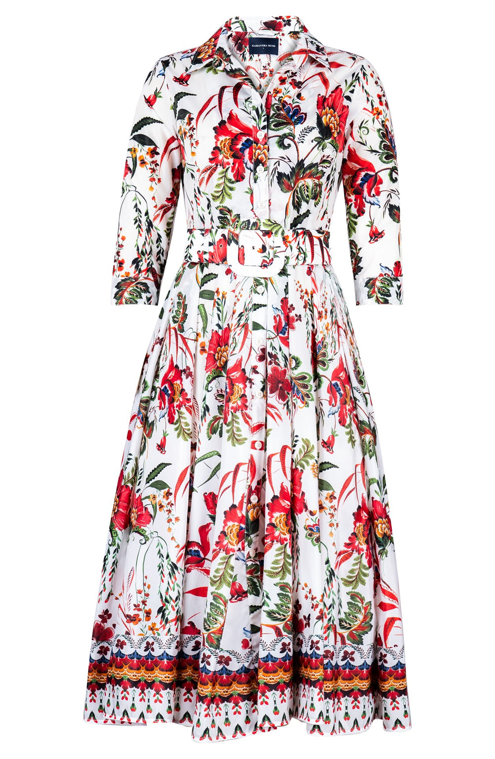 Aster Dress Shirt Collar 3/4 Sleeve Midi Length Silk Taffta (Asian Botanic)