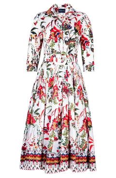 Aster Dress Shirt Collar 3/4 Sleeve Midi Length Silk Taffta (Asian Botanic)