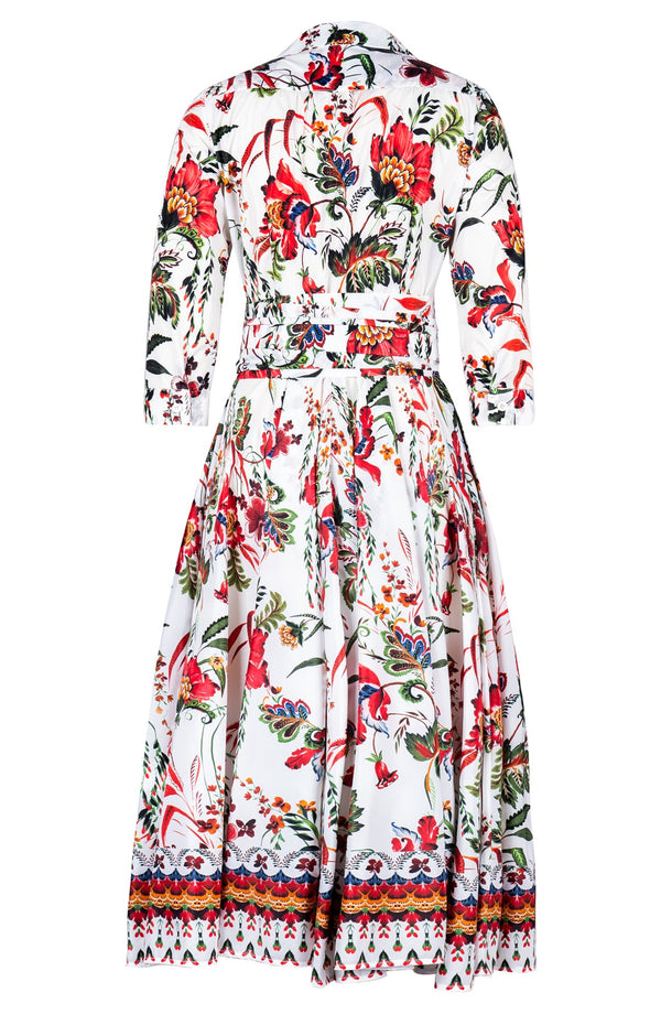 Aster Dress Shirt Collar 3/4 Sleeve Midi Length Silk Taffta (Asian Botanic)