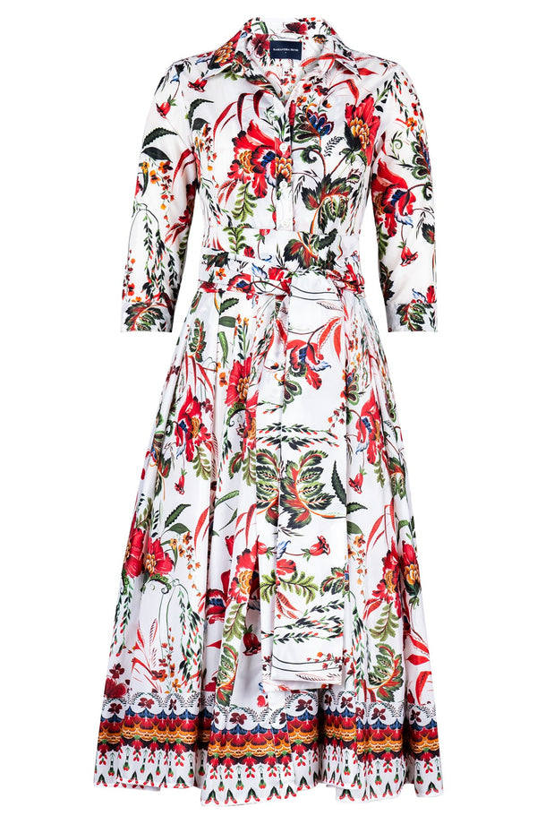 Aster Dress Shirt Collar 3/4 Sleeve Midi Length Silk Taffta (Asian Botanic)