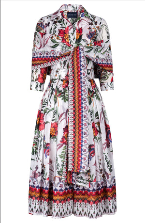 Audrey Dress #4 Shirt Collar 3/4 Sleeve Midi Length Cotton Musola (Asian Botanic)