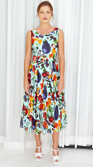 Aster  Dress Boat Neck Sleeveless Midi Length Linen (Watercolor Fruits)