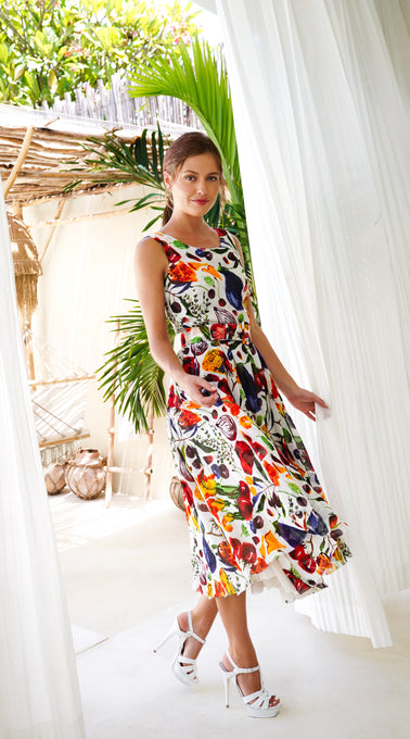 Aster  Dress Boat Neck Sleeveless Midi Length Linen (Watercolor Fruits)