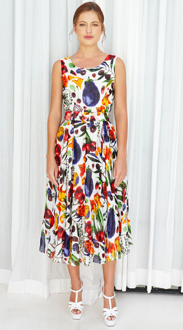 Aster  Dress Boat Neck Sleeveless Midi Length Linen (Watercolor Fruits)
