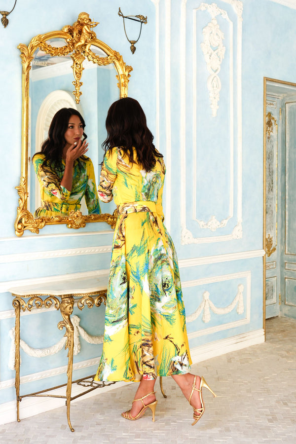 Aster Dress Shirt Collar 3/4 Sleeve Maxi Plus Length Silk Twill (Crayon Flower) - Soft Yellow