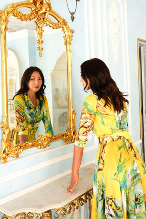 Aster Dress Shirt Collar 3/4 Sleeve Maxi Plus Length Silk Twill (Crayon Flower) - Soft Yellow