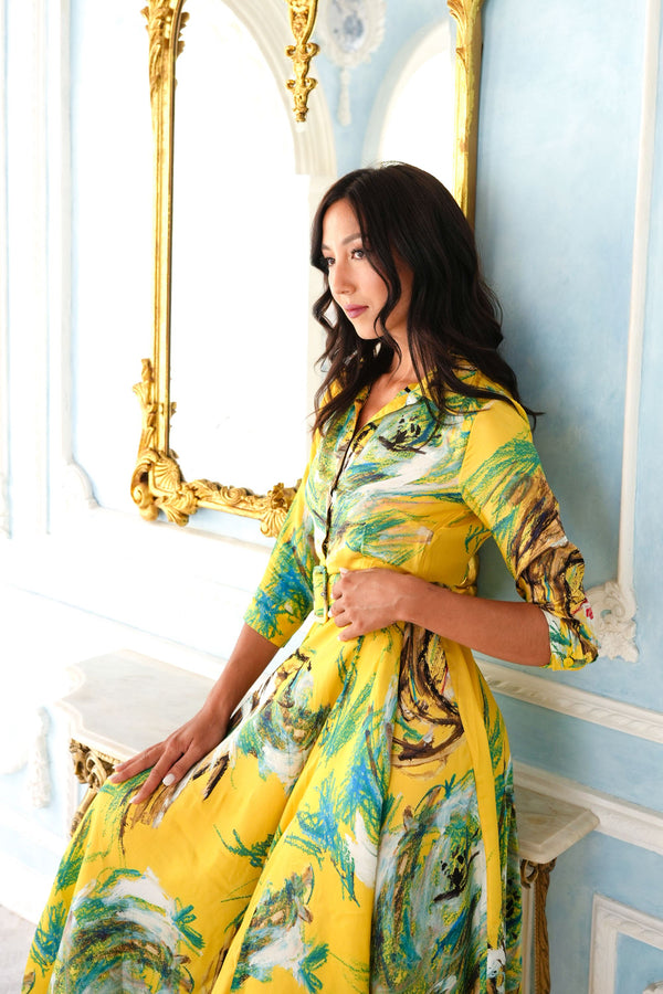 Aster Dress Shirt Collar 3/4 Sleeve Maxi Plus Length Silk Twill (Crayon Flower) - Soft Yellow