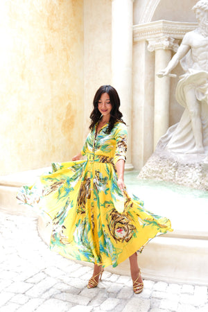 Aster Dress Shirt Collar 3/4 Sleeve Maxi Plus Length Silk Twill (Crayon Flower) - Soft Yellow