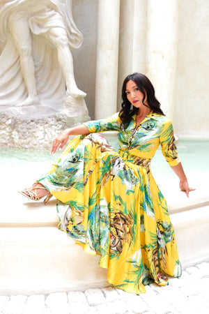 Aster Dress Shirt Collar 3/4 Sleeve Maxi Plus Length Silk Twill (Crayon Flower) - Soft Yellow