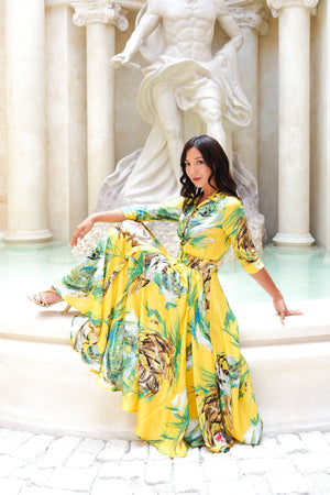 Aster Dress Shirt Collar 3/4 Sleeve Maxi Plus Length Silk Twill (Crayon Flower) - Soft Yellow