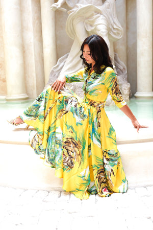 Aster Dress Shirt Collar 3/4 Sleeve Maxi Plus Length Silk Twill (Crayon Flower) - Soft Yellow