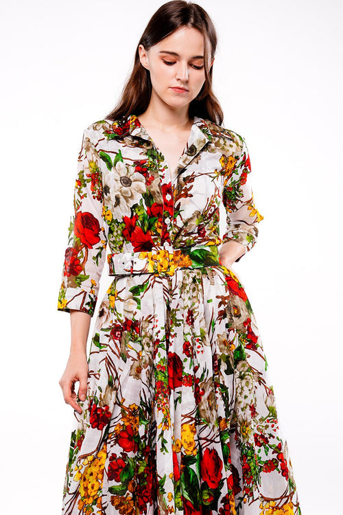 Aster Dress Shirt Collar 3/4 Sleeve Midi Length Cotton Musola (Alpine Flowers)