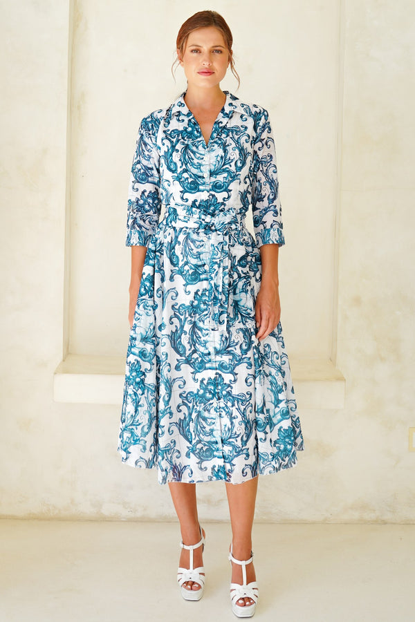Aster Dress Shirt Collar 3/4 Sleeve Midi Length Cotton Musola (Cherub Tile)