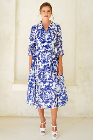 Aster Dress Shirt Collar 3/4 Sleeve Midi Length Cotton Musola (Cherub Tile)