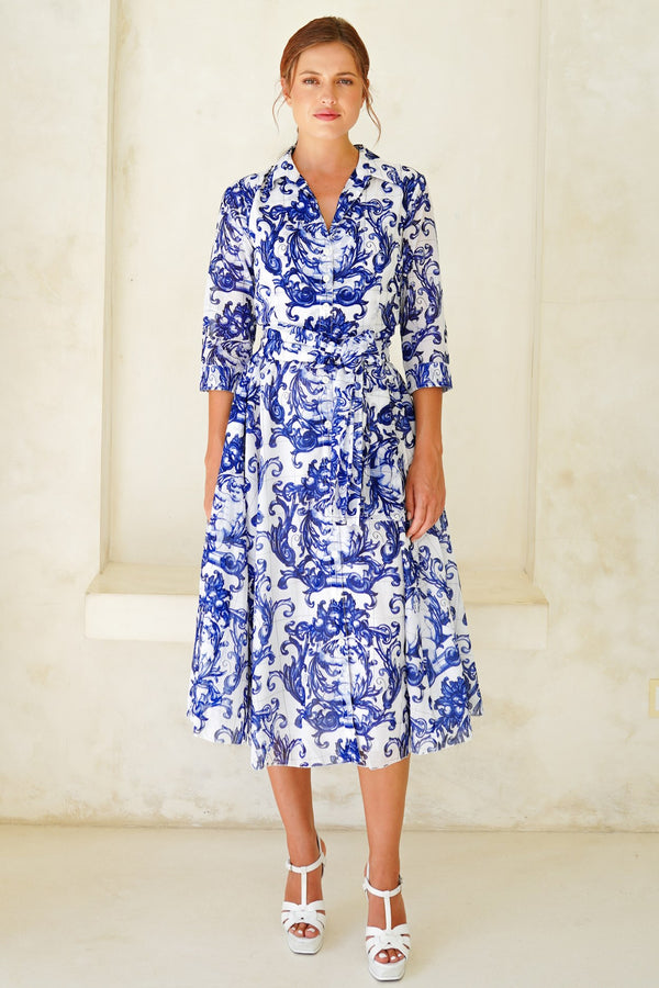 Aster Dress Shirt Collar 3/4 Sleeve Midi Length Cotton Musola (Cherub Tile)