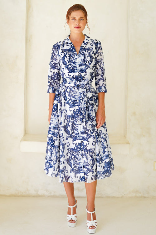 Aster Dress Shirt Collar 3/4 Sleeve Midi Length Cotton Musola (Cherub Tile)