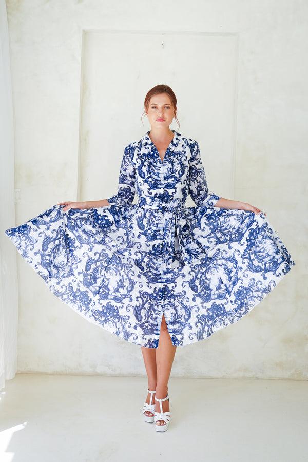 Aster Dress Shirt Collar 3/4 Sleeve Midi Length Cotton Musola (Cherub Tile)