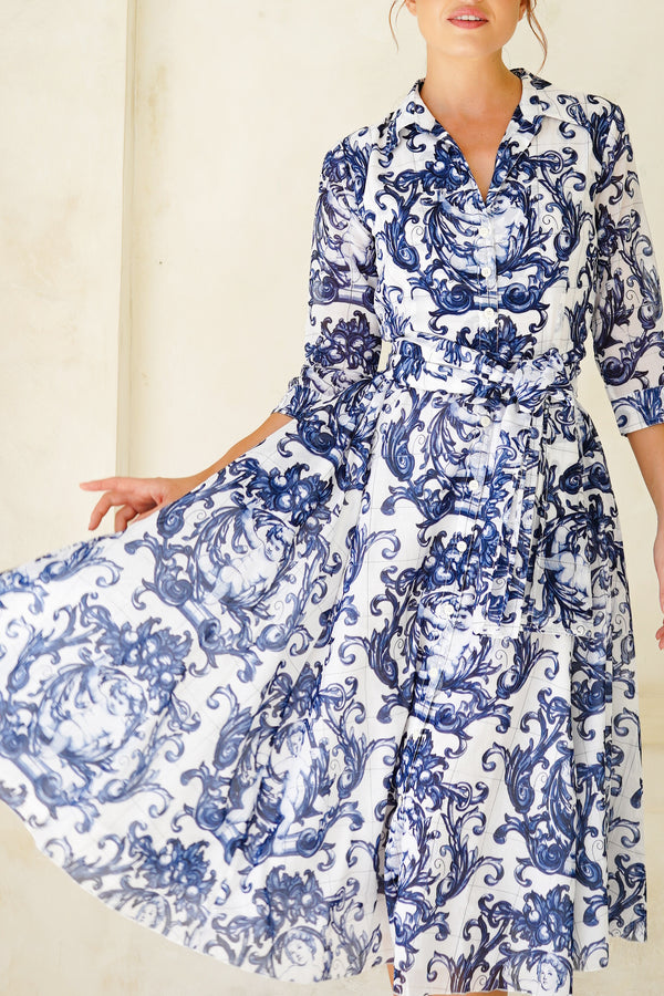 Aster Dress Shirt Collar 3/4 Sleeve Midi Length Cotton Musola (Cherub Tile)