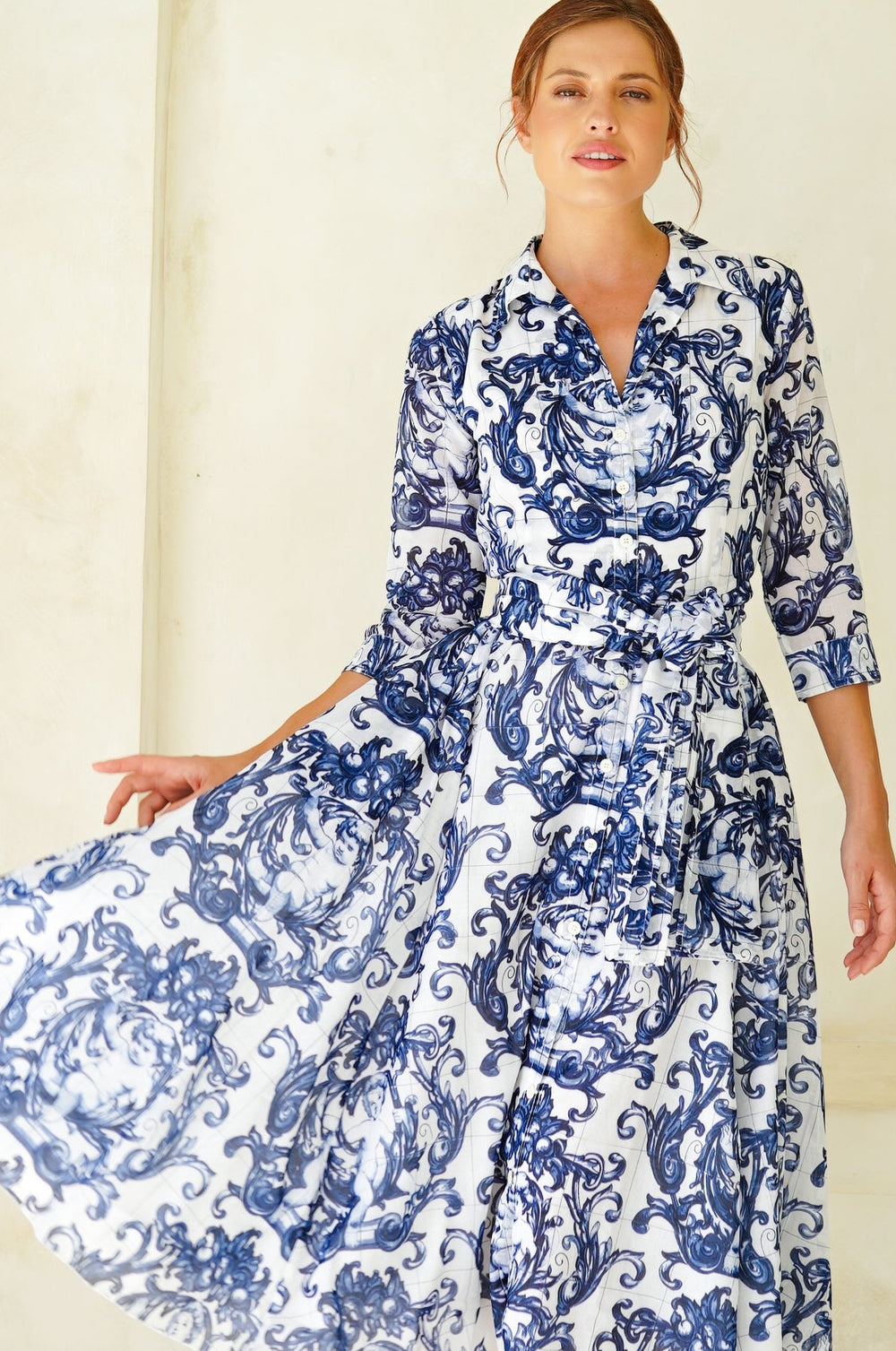 Aster Dress Shirt Collar 3/4 Sleeve Midi Length Cotton Musola (Cherub Tile)