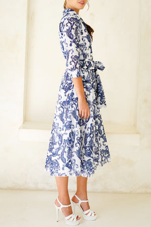 Aster Dress Shirt Collar 3/4 Sleeve Midi Length Cotton Musola (Cherub Tile)