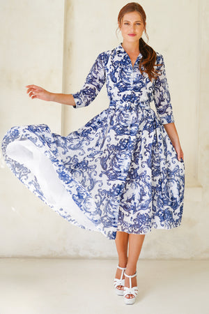 Aster Dress Shirt Collar 3/4 Sleeve Midi Length Cotton Musola (Cherub Tile)
