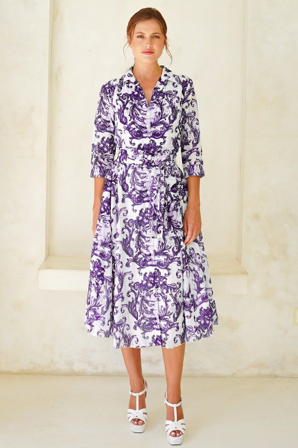 Aster Dress Shirt Collar 3/4 Sleeve Midi Length Cotton Musola (Cherub Tile)