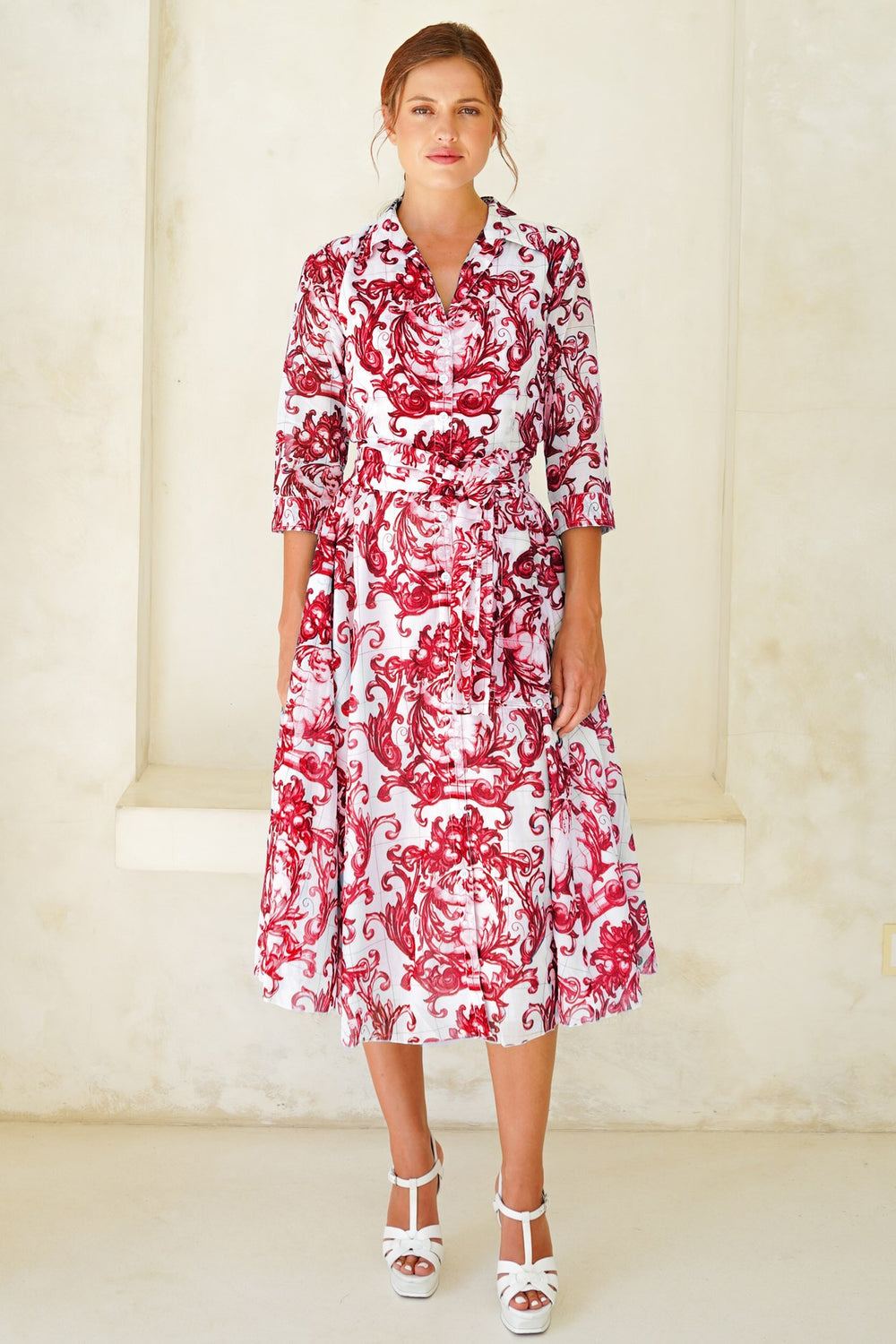 Aster Dress Shirt Collar 3/4 Sleeve Midi Length Cotton Musola (Cherub Tile)