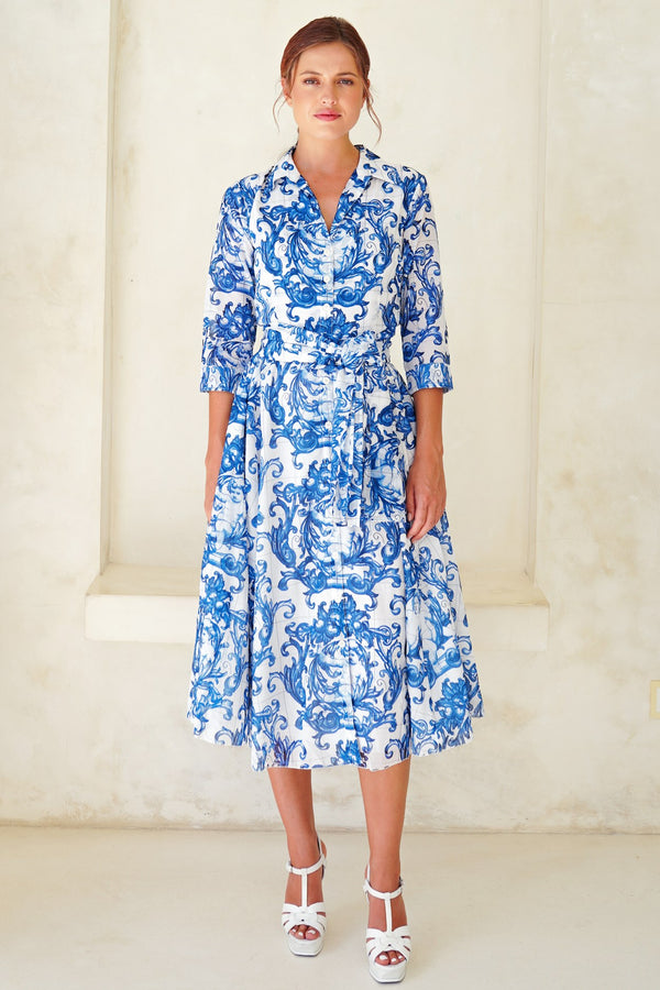 Aster Dress Shirt Collar 3/4 Sleeve Midi Length Cotton Musola (Cherub Tile)