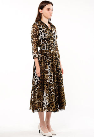 Aster Dress Shirt Collar 3/4 Sleeve Midi Length Cotton Musola (Colombo Leopard)