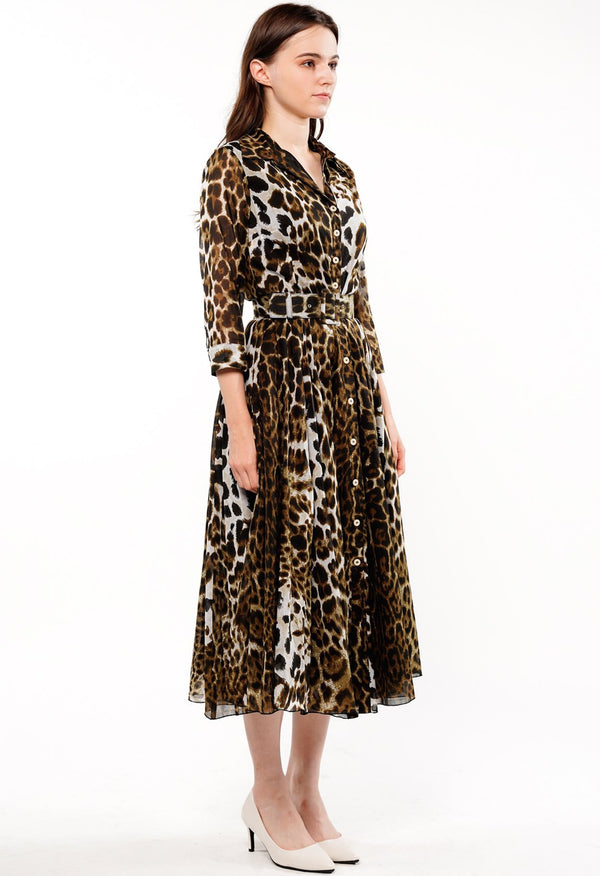 Aster Dress Shirt Collar 3/4 Sleeve Midi Length Cotton Musola (Colombo Leopard)