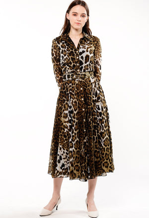 Aster Dress Shirt Collar 3/4 Sleeve Midi Length Cotton Musola (Colombo Leopard)