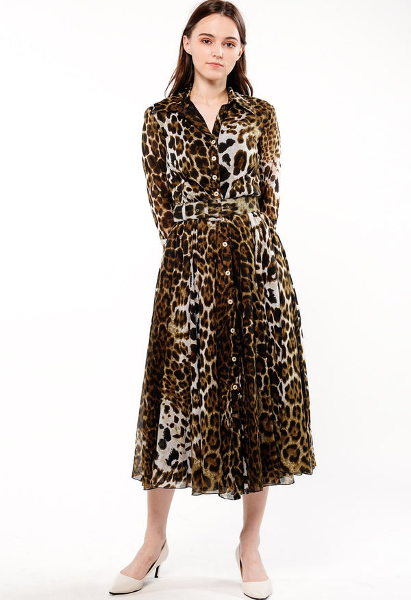 Aster Dress Shirt Collar 3/4 Sleeve Midi Length Cotton Musola (Colombo Leopard)