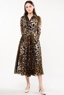 Aster Dress Shirt Collar 3/4 Sleeve Midi Length Cotton Musola (Colombo Leopard)