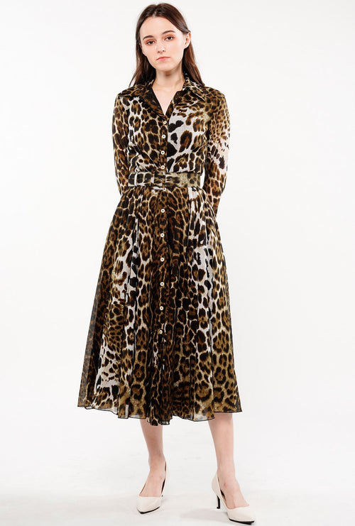 Aster Dress Shirt Collar 3/4 Sleeve Midi Length Cotton Musola (Colombo Leopard)