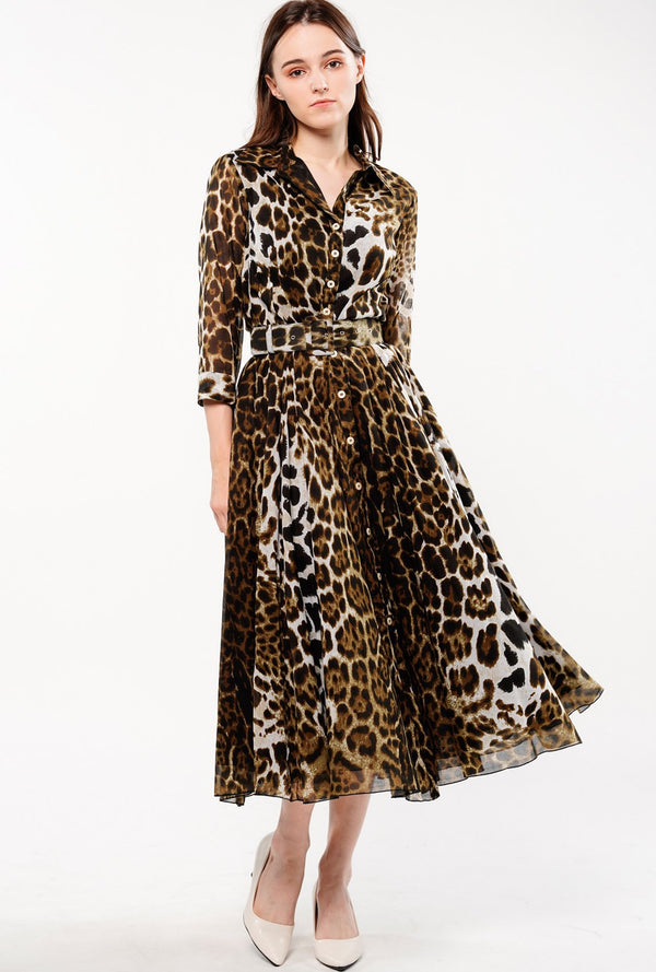 Aster Dress Shirt Collar 3/4 Sleeve Midi Length Cotton Musola (Colombo Leopard)