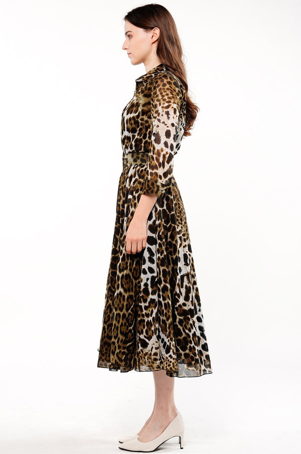 Aster Dress Shirt Collar 3/4 Sleeve Midi Length Cotton Musola (Colombo Leopard)