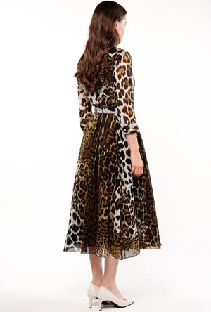 Aster Dress Shirt Collar 3/4 Sleeve Midi Length Cotton Musola (Colombo Leopard)