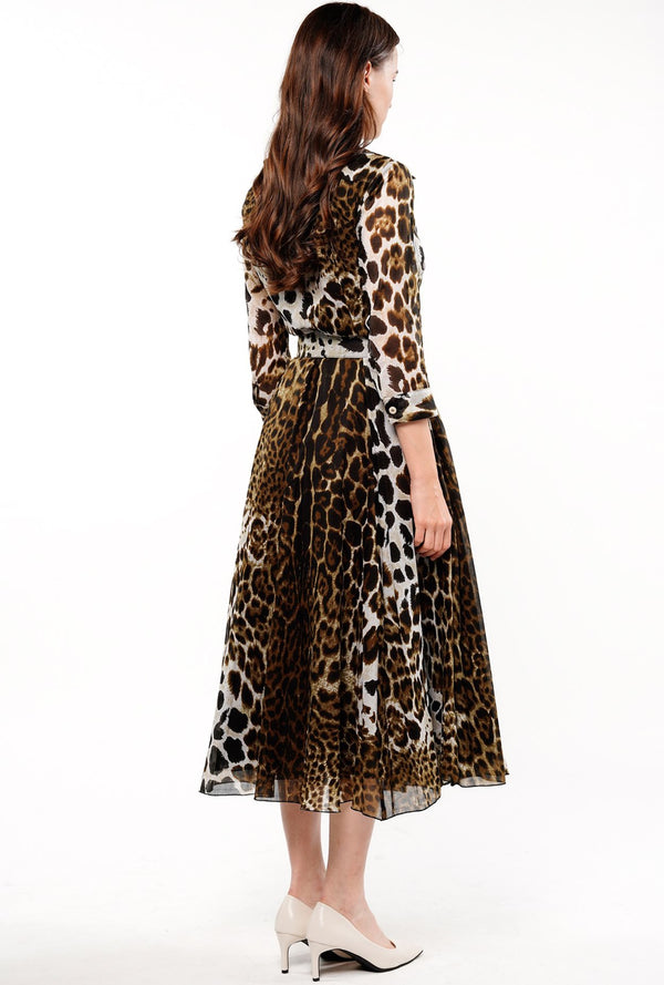 Aster Dress Shirt Collar 3/4 Sleeve Midi Length Cotton Musola (Colombo Leopard)